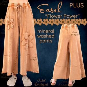 EASEL “Flower Power” Mineral Washed Pants Wide Leg Cozy Relax Fit Raw Seams Hems